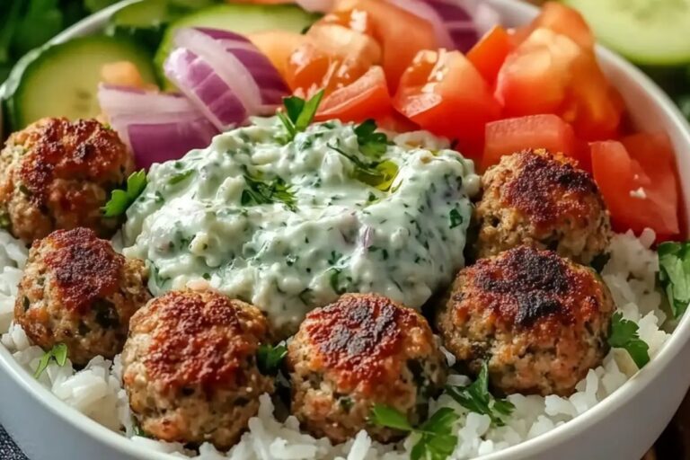 Greek Meatball Bowl With Tzatziki, Rice & Fresh Veggies Recipe