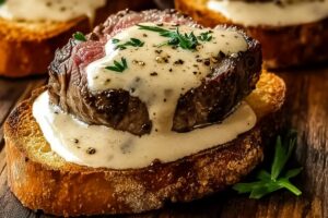 Beef Tenderloin Crostini With Parmesan Cream Sauce Recipe