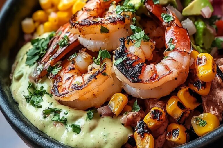 Grilled Shrimp Bowl With Avocado Corn Salsa & Creamy Sauce Recipe