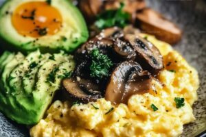 Keto Breakfast Plate With Creamy Scrambled Eggs, Mushrooms & Avocado Recipe