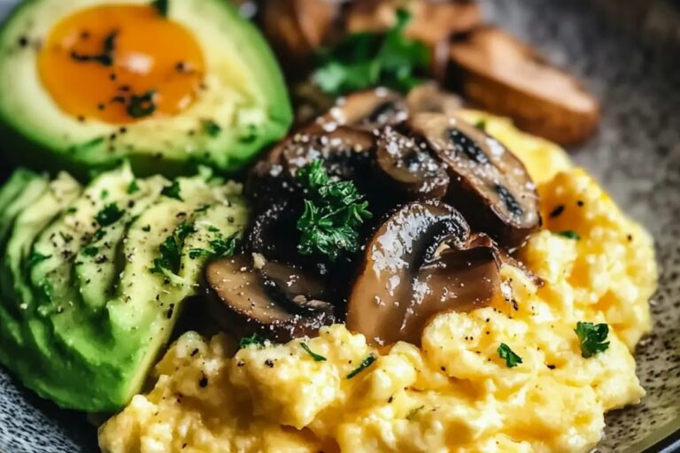 Keto Breakfast Plate With Creamy Scrambled Eggs, Mushrooms & Avocado Recipe