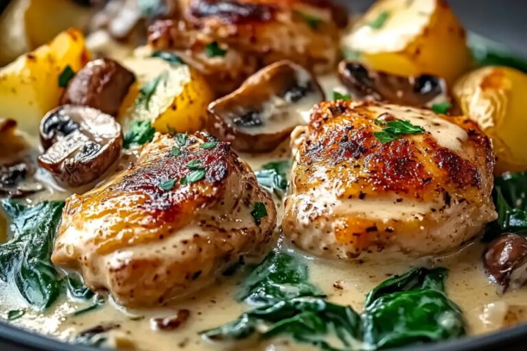 Creamy Smothered Chicken With Spinach, Potatoes, And Mushrooms Recipe