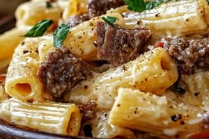 Creamy Cheesy Garlic Butter Rigatoni With Savory Beef Recipe
