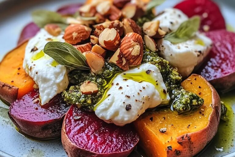 Sweet Potatoes With Burrata, Roasted Beets, And Walnut Sage Pesto Recipe