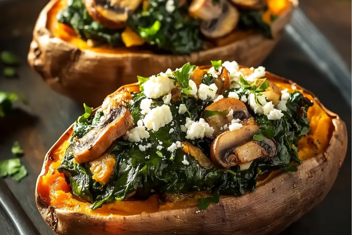 Stuffed Sweet Potatoes With Spinach, Mushroom, And Feta Recipe