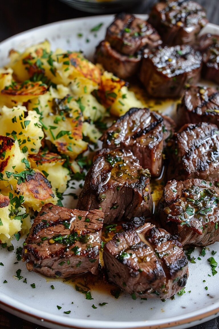 Garlic Butter Steak Bites And Cheesy Smashed Potatoes Recipe