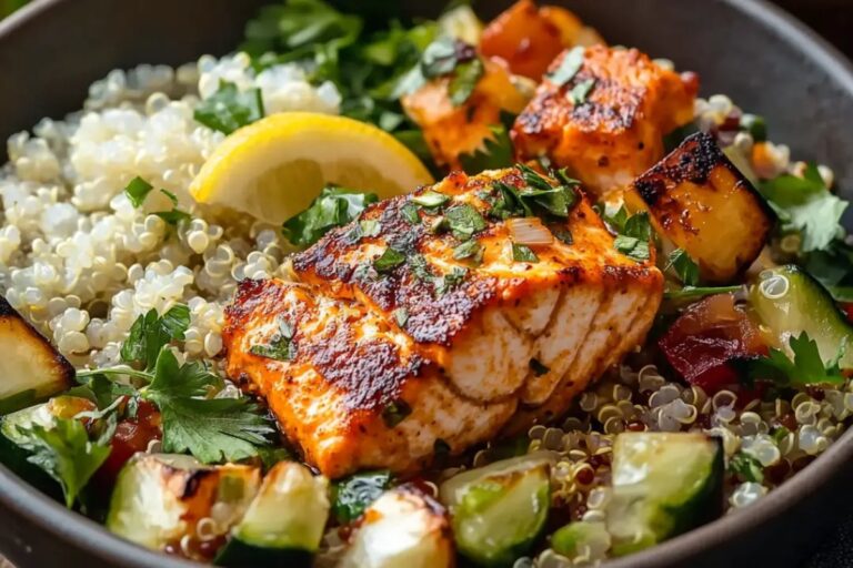 Honey Harissa Salmon Quinoa Bowls Recipe