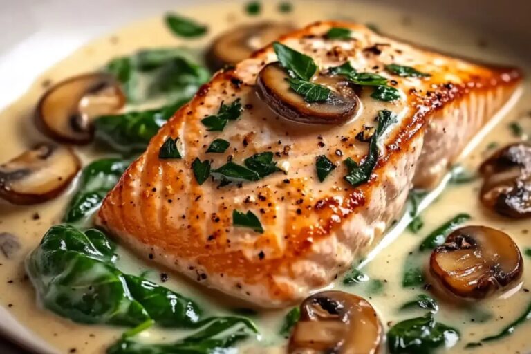 Garlic Butter Salmon With Spinach & Mushrooms In Creamy Sauce Recipe