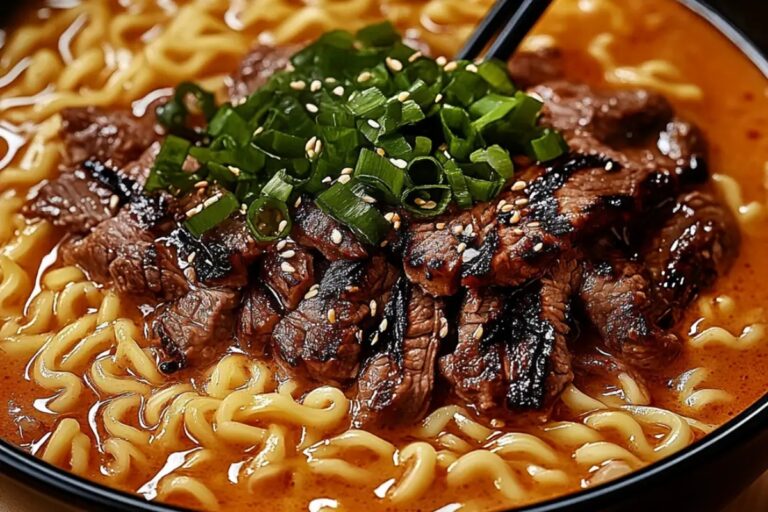 Spicy Korean Ramen With Grilled Beef & Creamy Sauce Recipe