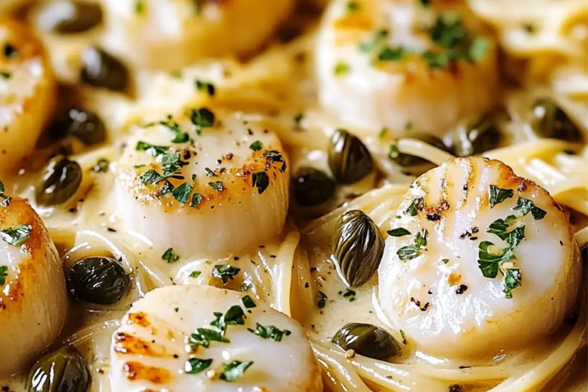 Scallop Spaghetti In Creamy White Butter Garlic Sauce With Capers Recipe