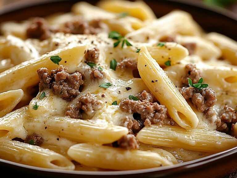 Cheesy Penne With Garlic Butter Ground Beef Recipe